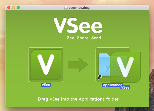 VSee installation window, icon being dragged to the Application folder