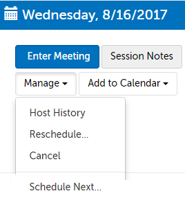 Use the "Manage" button to reschedule or cancel a session