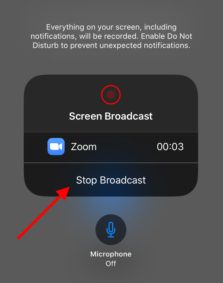 Broadcast prompt, with an arrow pointing to Stop Broadcast