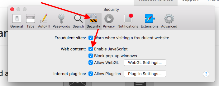 "Security" tab, checkbox next to "Enable JavaScript"